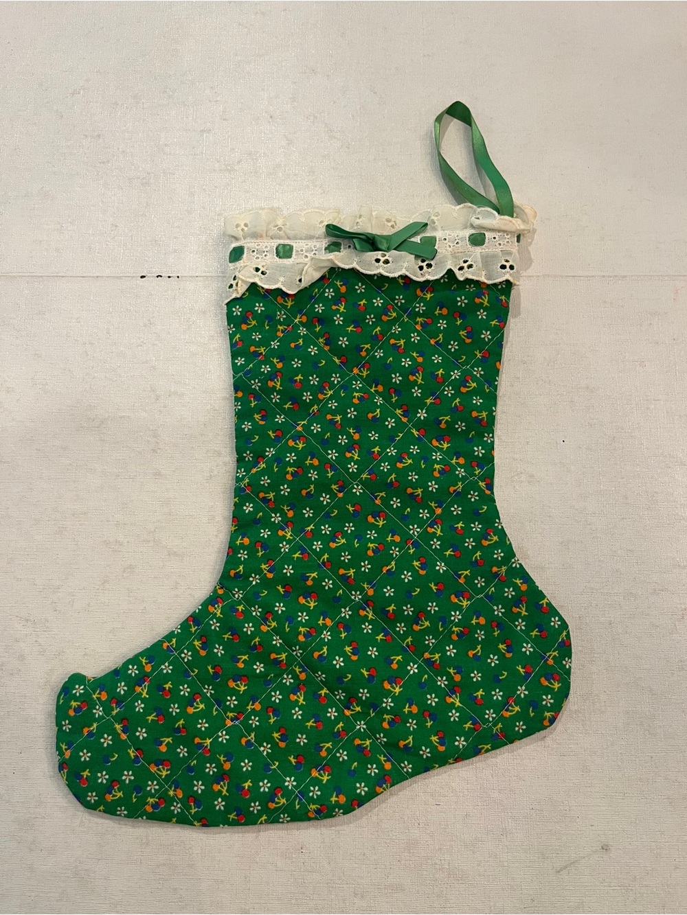 Vintage handmade Green Floral Quilted Stocking with Lace Trim